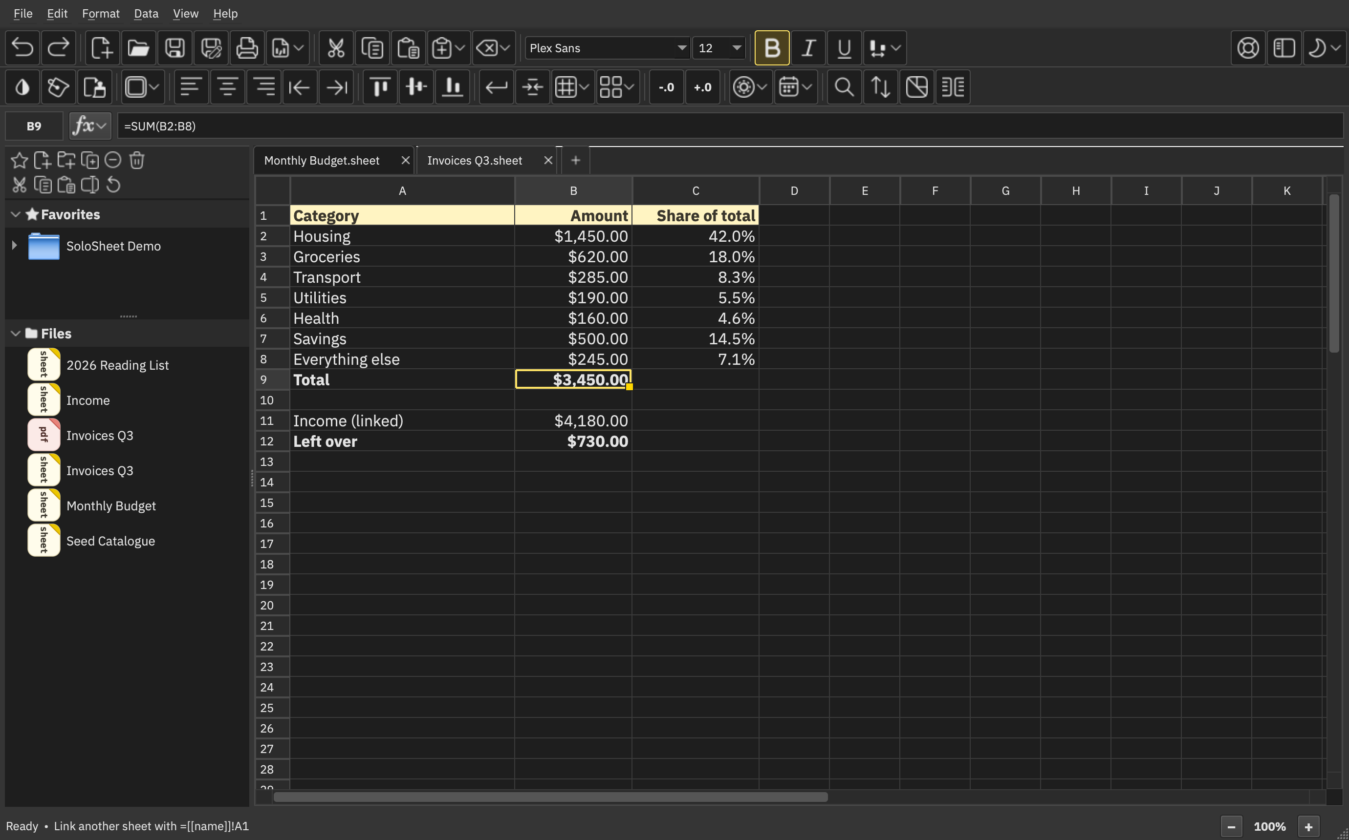 SoloSheet interface, dark theme