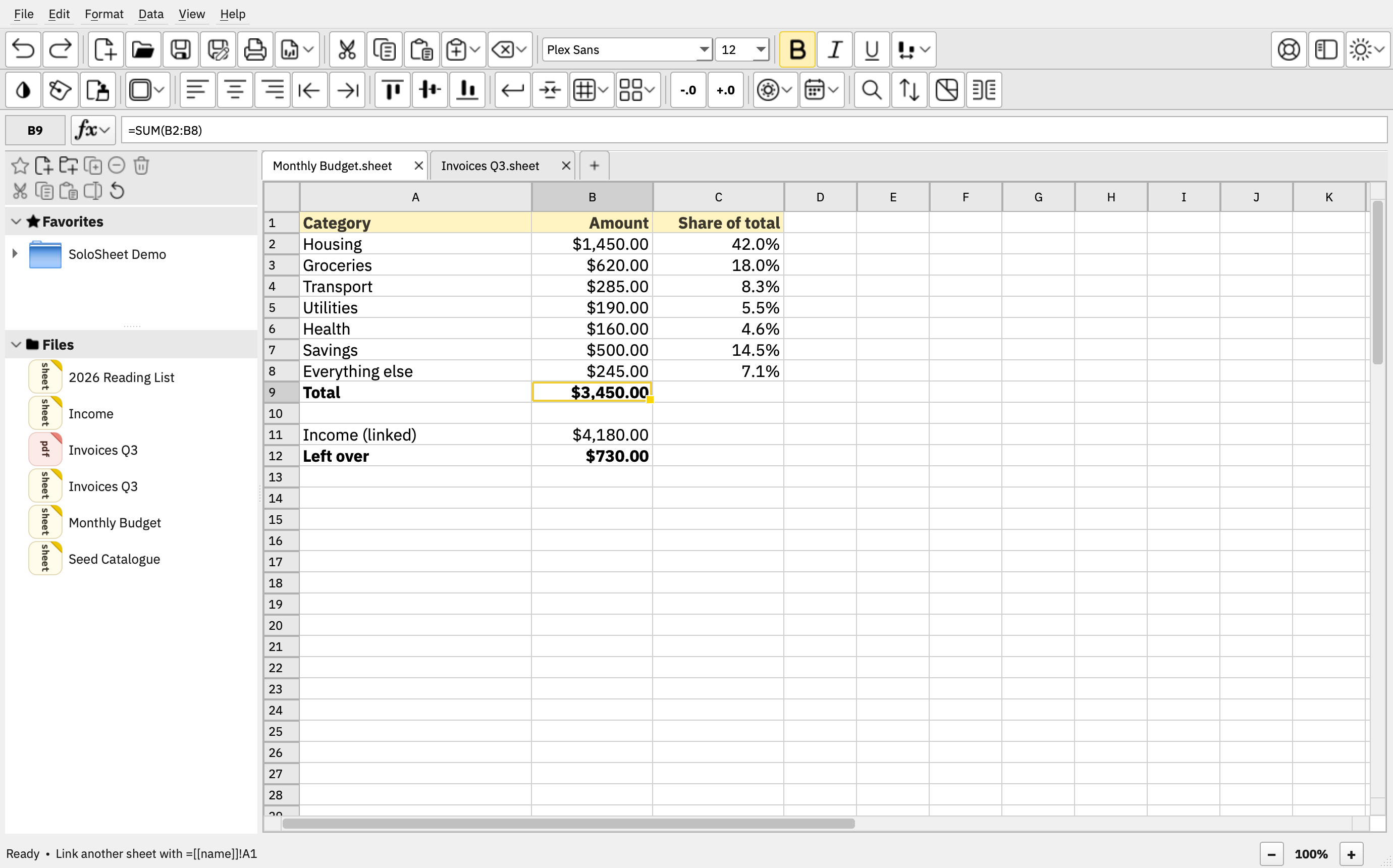 SoloSheet interface, light theme